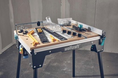 wolfcraft MASTER cut 2200 I 6907000 4-in-1 machinetafel voor gebruik als tafelcirkelzaag, decoupeerzaagtafel, werkstation en optioneel als freestafel
