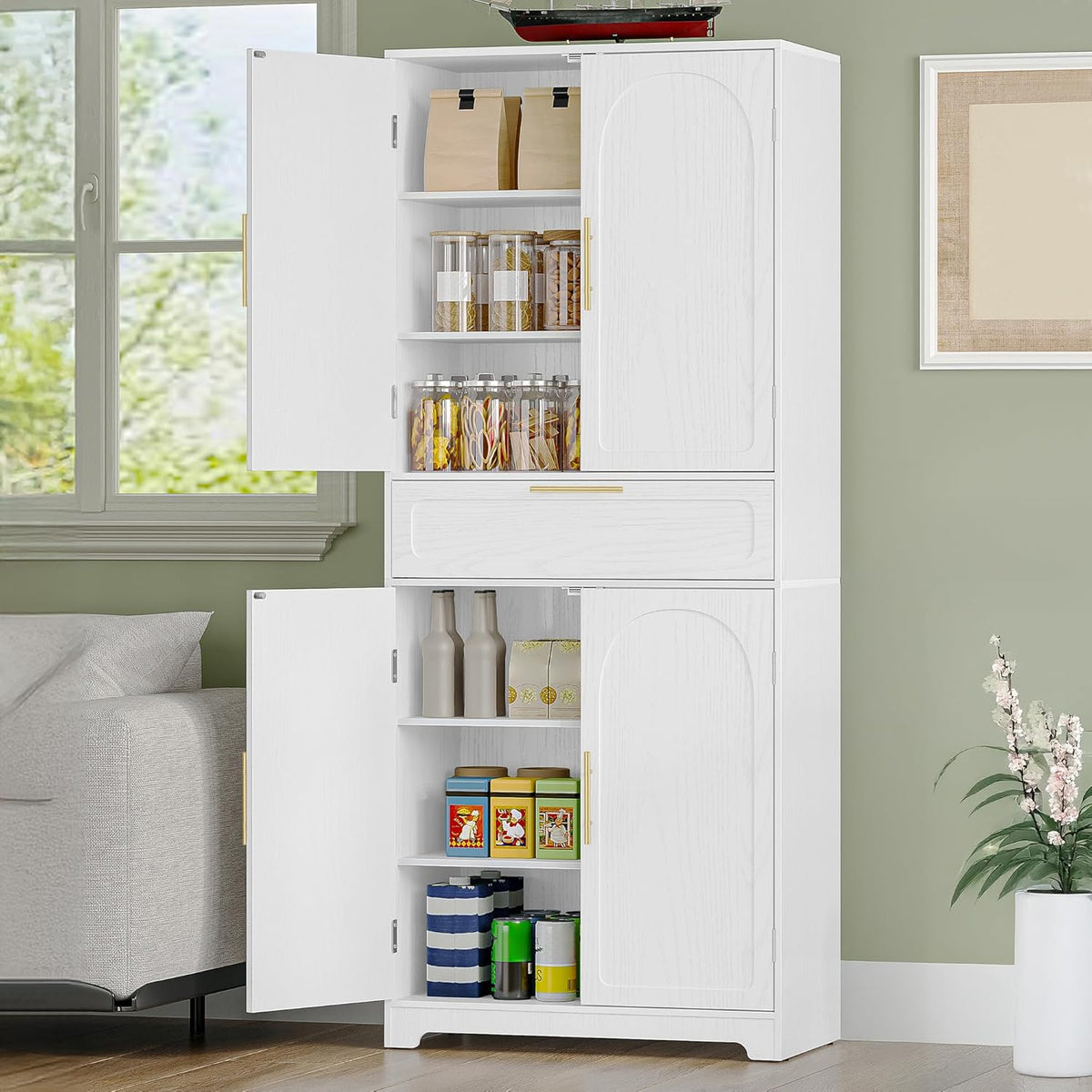 Hzuaneri High Dresser with 4 Doors, Kitchen Cabinet with Drawer, Adjustable Shelf, for Living Room, Kitchen, Dining Room, 40 x 75 x 181 cm, White PT18103XEU