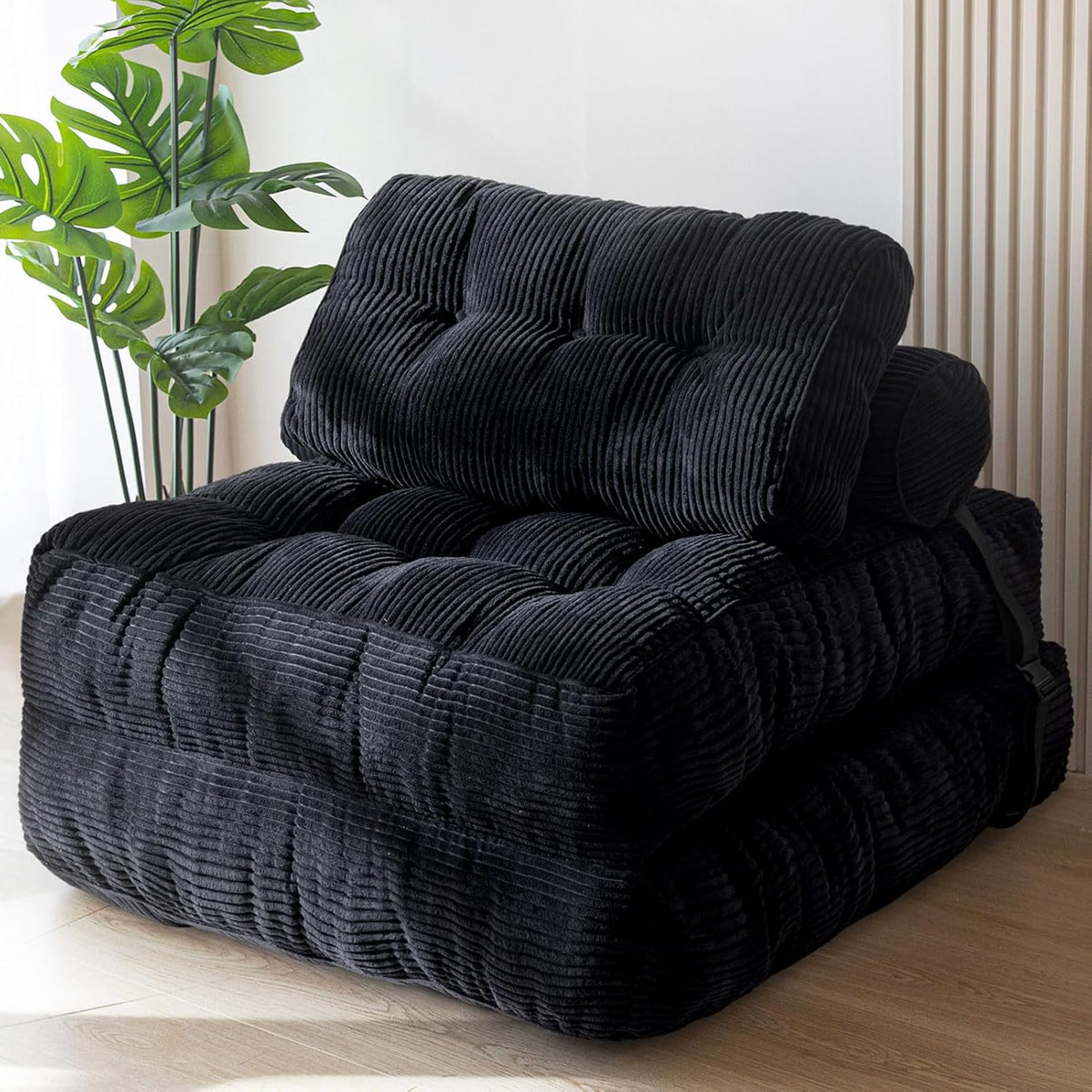 MAXYOYO Opvouwbare slaapbank, omvormbare slaapstoel met kussen, matras met rugsteun, draagbare stoel, bed, comfortabele vloerbank, lounge voor woonkamer, slaapkamer, zwart