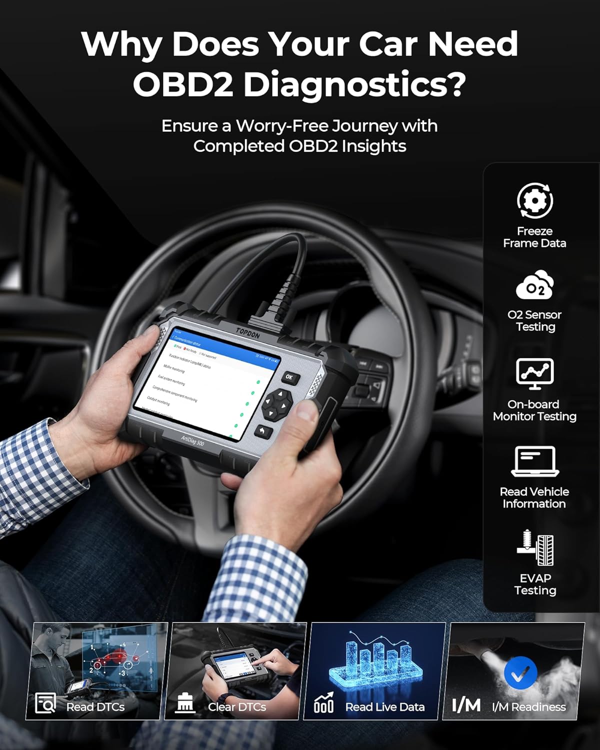 TOPDON OBD2 Code lezer Scanner ArtiDiag500, Motor ABS SRS Transmissie Auto Diagnostische Tool voor alle auto's, 6 Reset Services voor Olie/SAS/TPMS/ETS/BMS/Rem, Wi-Fi Gratis Update