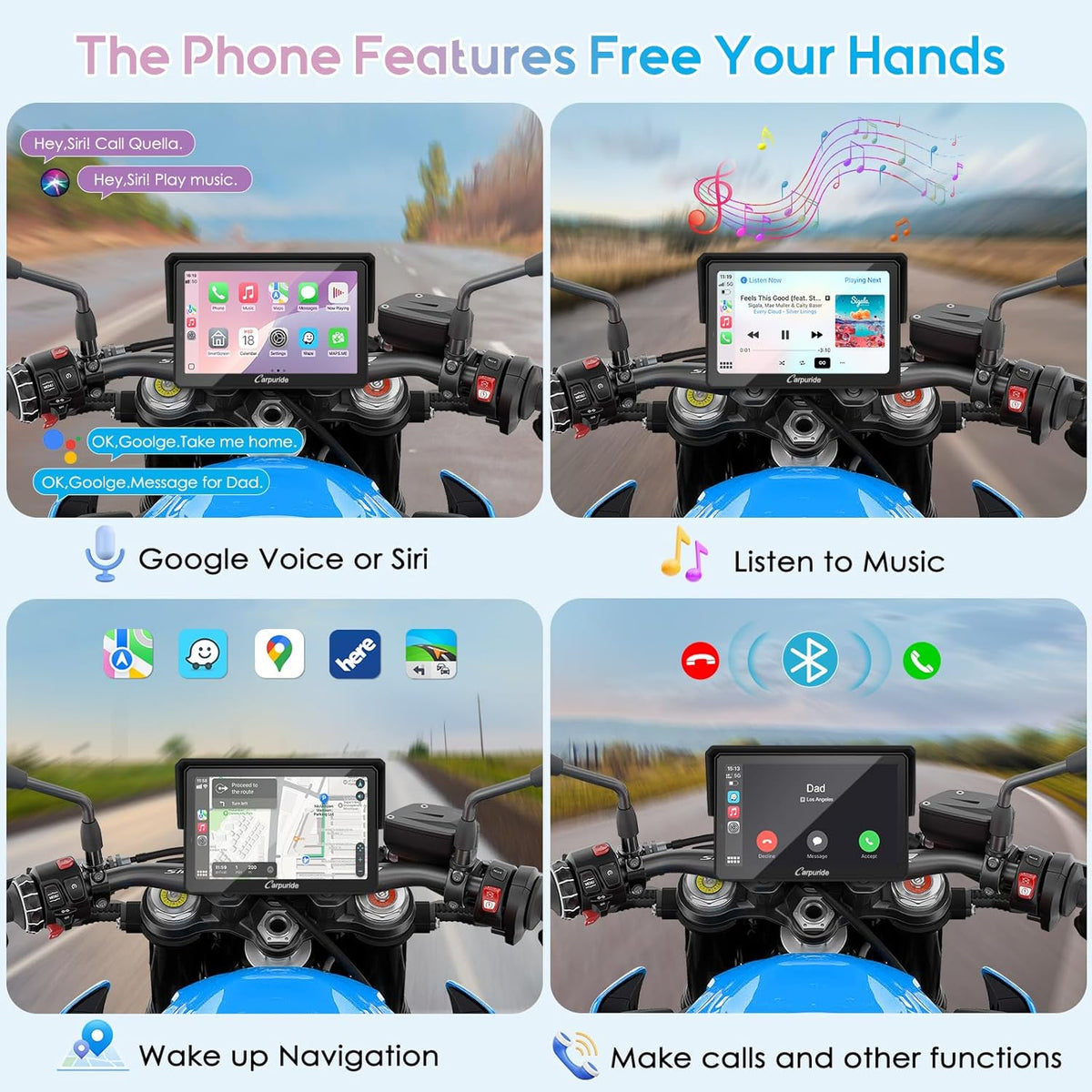 Motorfietsnavigatie – GPS Scherm – Motorfiets GPS – Navigatiesysteem – Telefoonhouder – 5 Inch Waterdicht Touchscreen – Draadloze CarPlay & Android Auto – Dual Bluetooth & Intercom