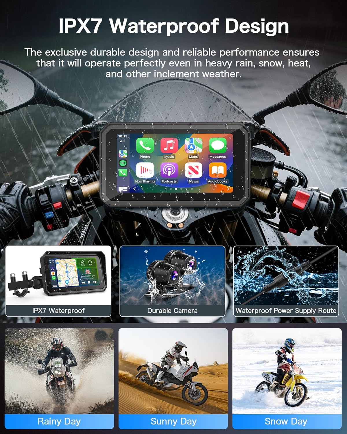 4K Dashcam Motorfiets CarPlay Android Auto 6.25 Inch Motorfiets Navigatie apparaten IP67 Waterdichte GPS-navigatie-apparaten voor motorfietsen, Dual Bluetooth, Siri/Google Assistant 64GB winkelwagen