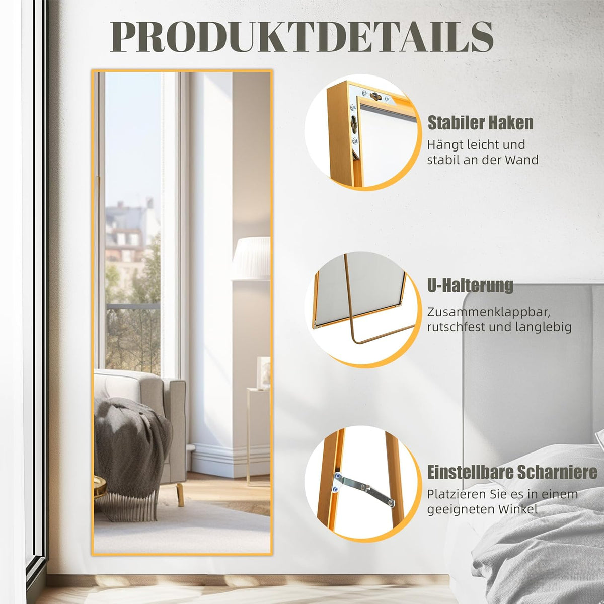 Aplancee Staande spiegel, 170 x 75 cm, zwart, grote full-body spiegel, wandspiegel met aluminium frame, om staand of op te hangen aan de muur, vloerspiegel voor slaapkamer, woonkamer en kleedkamer