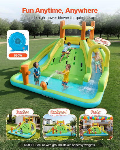 VEVOR Opblaasbaar waterpark voor kinderen, 405 x 347 x 255 cm, voor buiten, opblaasbaar slot met 2 glijbanen, klimwand, inhoud 3-4 kinderen van 3 tot 8 jaar, waterspel