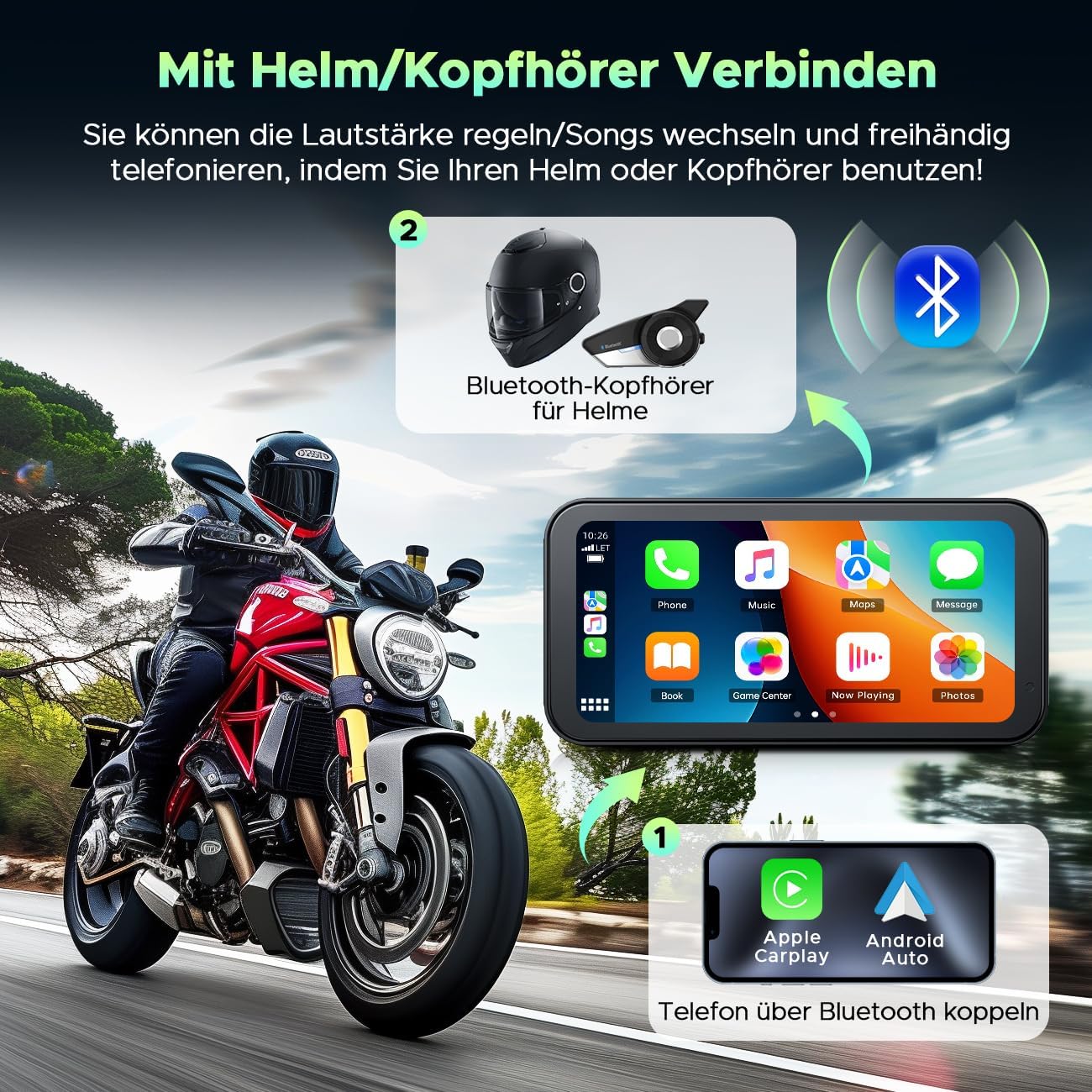 Draadloos CarPlay Scherm Motorfiets – Motorfiets Display – Navigatiescherm – Android Auto Scherm – Touchscreen GPS – 6,25 Inch HD IPS – IP67 Waterdicht Met Bluetooth 5.0