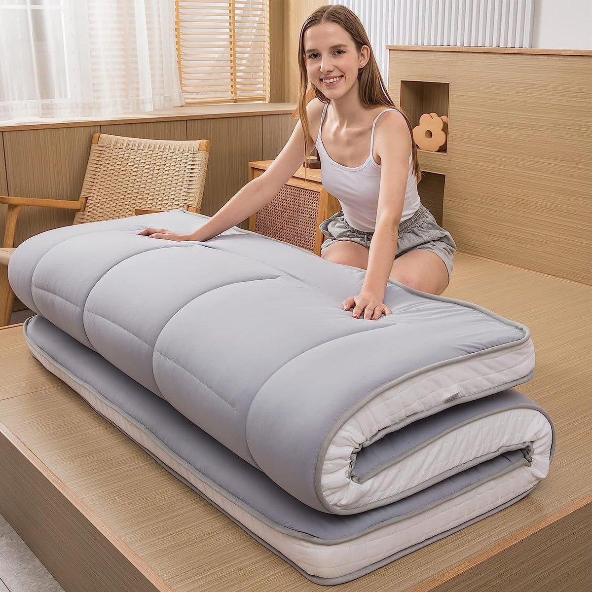 MAXYOYO Futonmatras, gewatteerd Japans vloermatras, gewatteerde matrasoplegger, extra dik, opvouwbaar, ademend, vloerligbed, logeerbed, voor campingbank, grijs, 90 x 190 cm