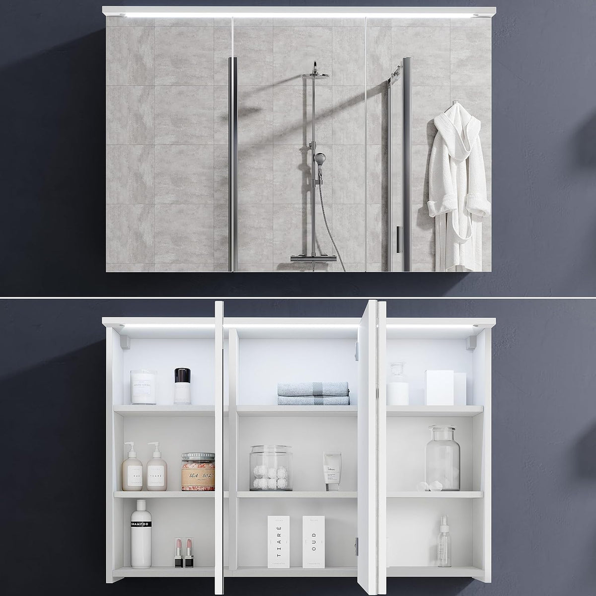 Stella Trading TWO Spiegelkast met ledverlichting in wit, badkamerspiegelkast met veel opbergruimte, 100 x 68 x 22,5 cm (b x h x d) - QUORE