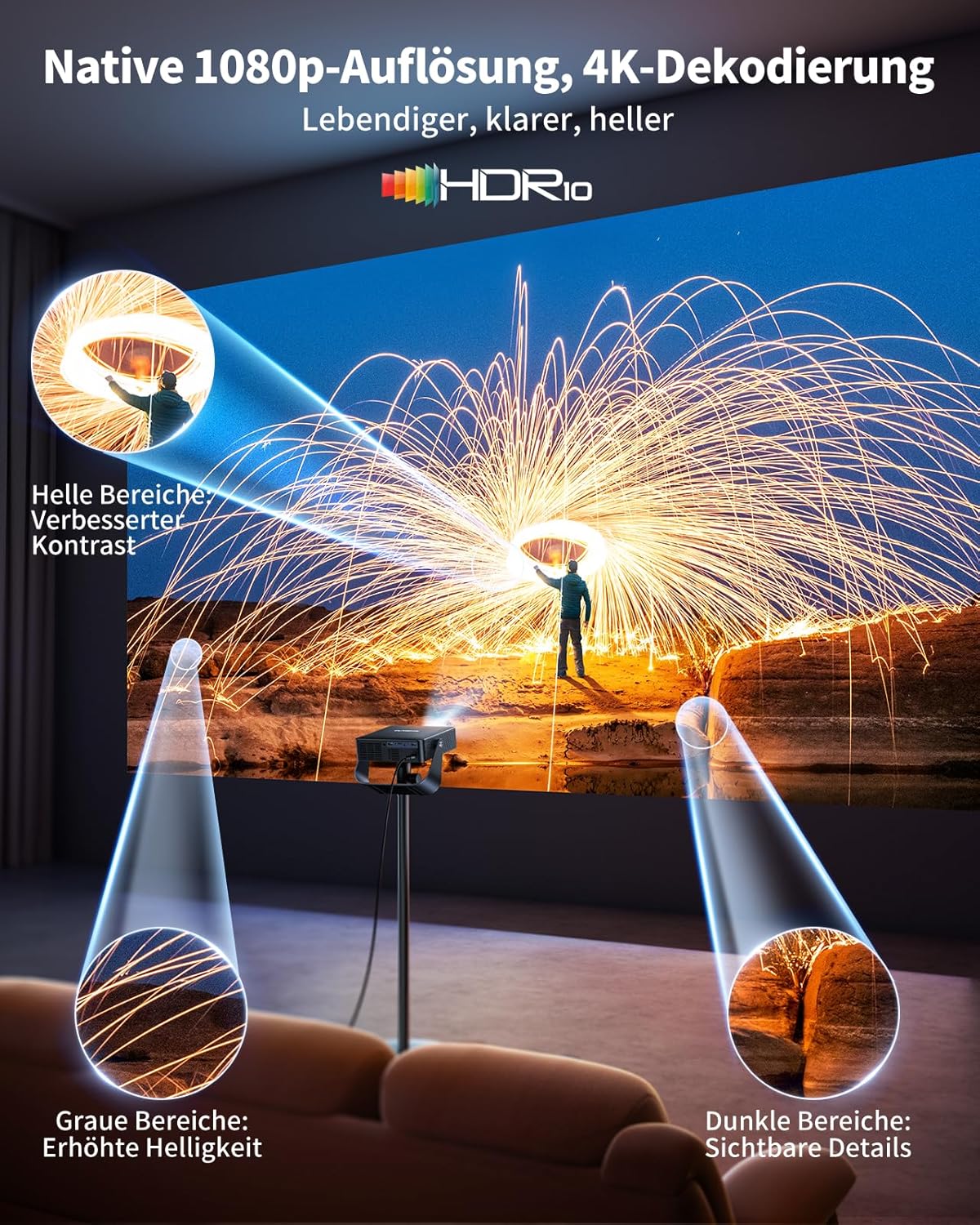 Smart beamer, autofocus, trapeziumcorrectie, mini-beamer, 360° draaibaar, 1080p Full HD, WiFi6, bluetooth, thuisbioscoop/outdoor projector