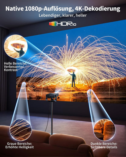 Smart beamer, autofocus, trapeziumcorrectie, mini-beamer, 360° draaibaar, 1080p Full HD, WiFi6, bluetooth, thuisbioscoop/outdoor projector