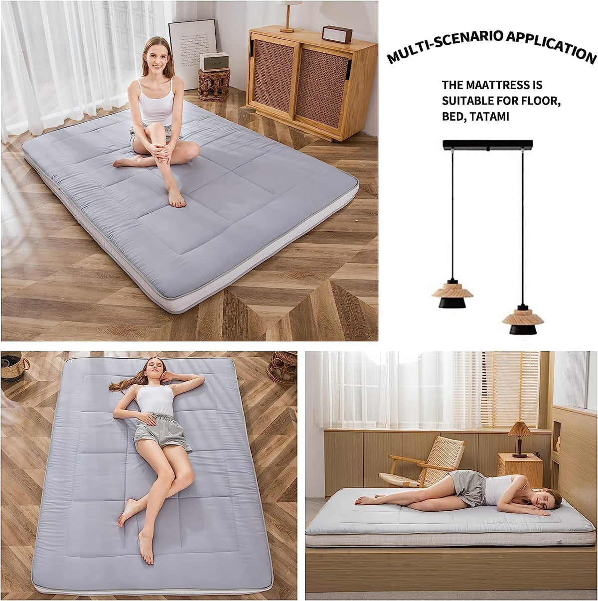 MAXYOYO Futonmatras, gewatteerd Japans vloermatras, gewatteerde matrasoplegger, extra dik, opvouwbaar, ademend, vloerligbed, logeerbed, voor campingbank, grijs, 90 x 190 cm