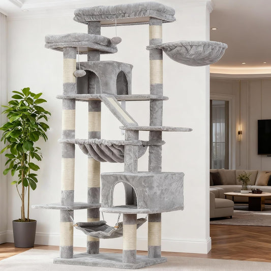 Heybly Cat Scratching Tree, 180 cm High Cat Gate for Domestic Cats with 2 Platforms, 2 Large Sleeping Houses, 2 Hammocks, Basket and Scratching Plate, Large Cat Furniture with Sleeping Place, Light Grey HCT034W