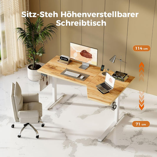 Agilestic Electric Standing Desk 160 cm L-Shape, Height Adjustable for Working at Home Standing or Sitting, Ergonomic Computer Desk, Light Brown - QUORE