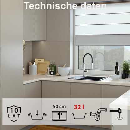 Quadron Granieten gootsteen, afmetingen 62 x 50 x 20 cm, kleur: beige en staal, PETER 116 enkele gootsteen, granieten spoelbak, met handmatige sifon en afdruipvlak