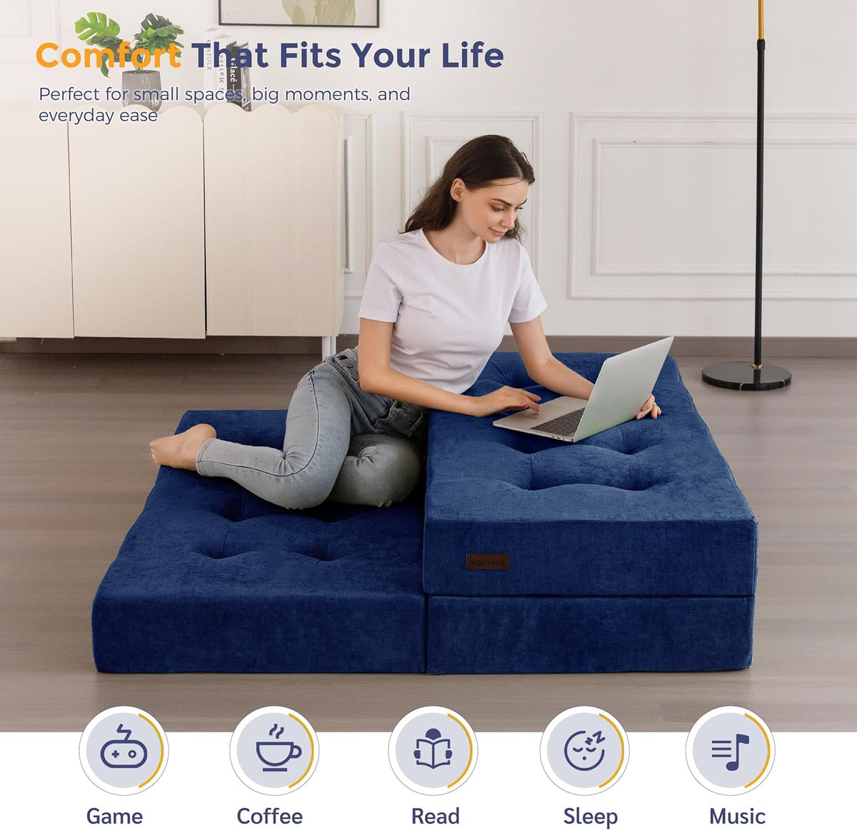 MAXYOYO Opvouwbare Matras Eenpersoons, 15 cm Comfortabele Opvouwbare Matras Met Chenille-Stof, Driekwijd Vloer Futon Bank Bed Voor Gast, Vouwmatras Topper Voor Camping, Marineblauw, Dubbel