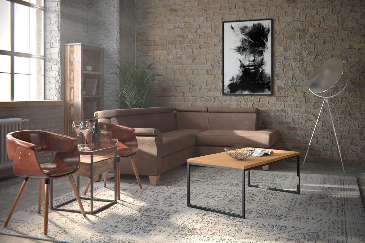 HomeTrends4You Sira 2 Salontafel, Wildeiken Massief Geolied Hout, Zwart Metaal Frame, 110 x 60 cm, Hoogte 43 cm