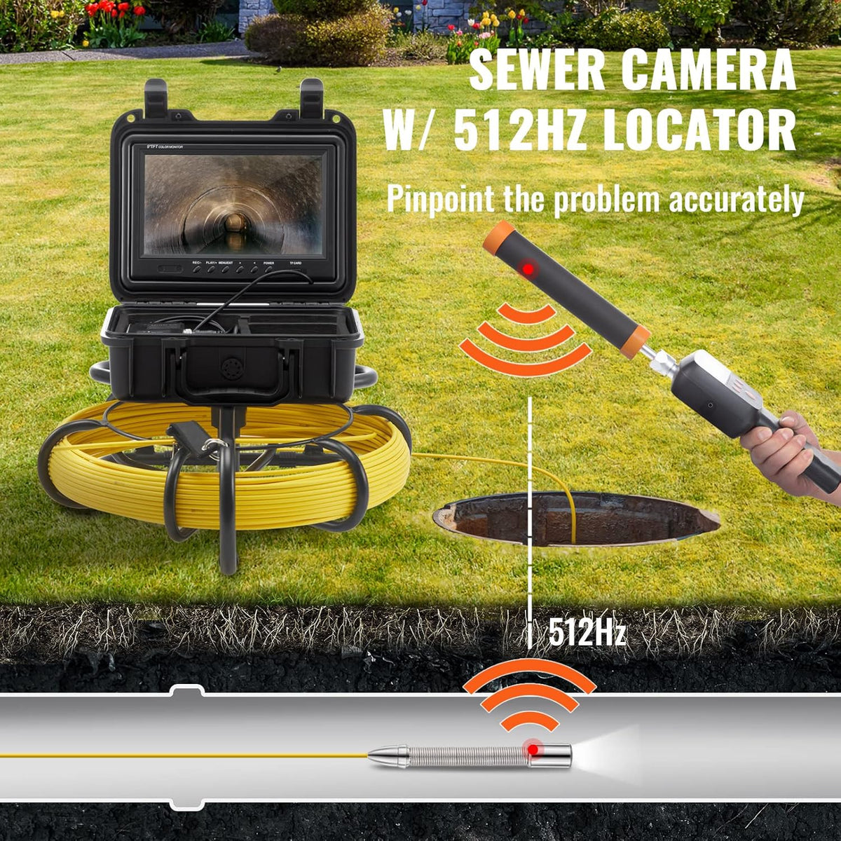 VEVOR Inspectiecamera, 9 inch, 50 m, buiscamera, 720p, kanaalcamera, 512 Hz, endoscoopcamera, 12 V, 4500 mAh lithiumbatterij, 6 uur, buisinspectiecamera, IP68, voor rioleringen, rioleringen,