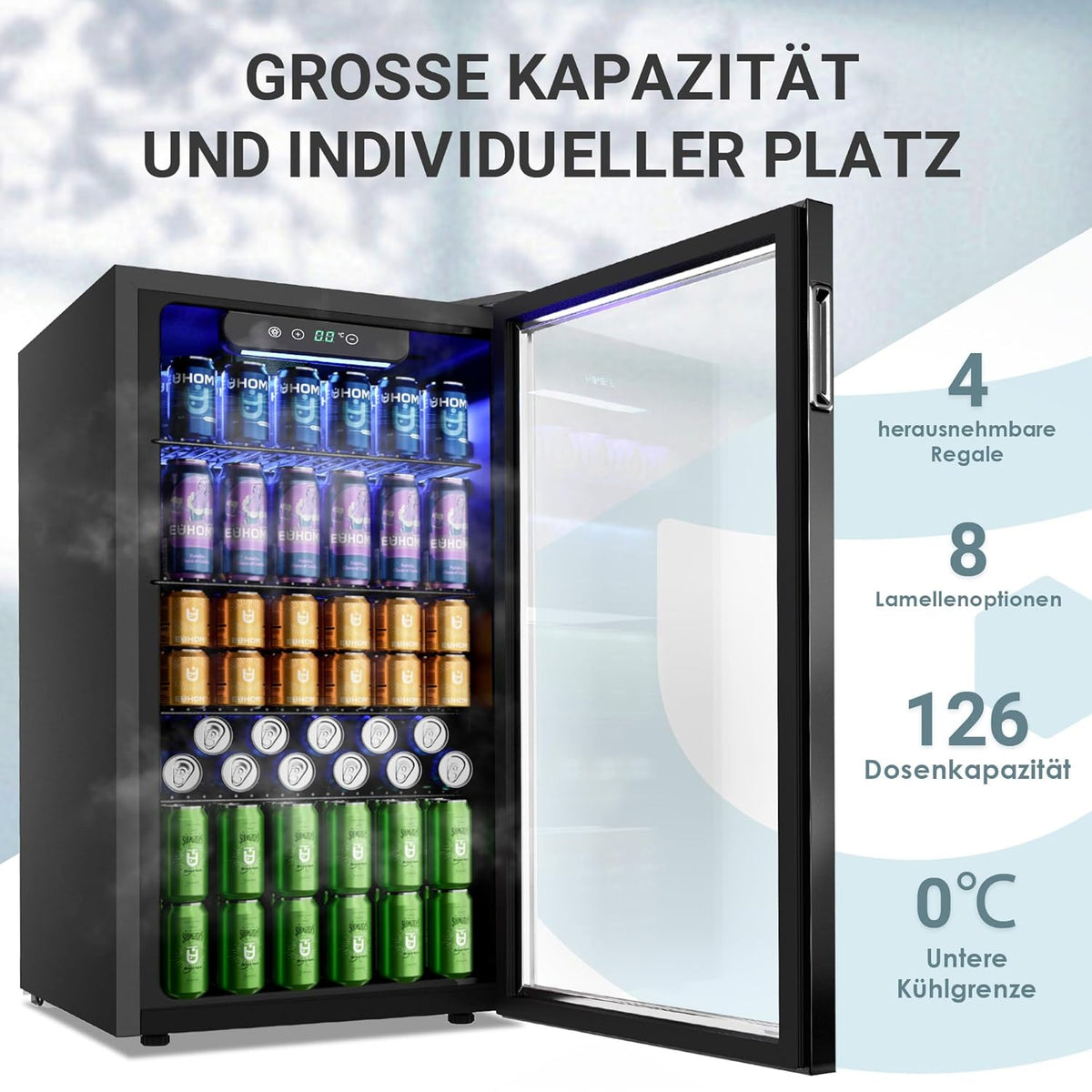 EUHOMY Drankkoelkast, mini-koelkast voor 126 blikjes met glazen deur, kleine koelkast met verstelbare planken voor limonade, bier of wijn, voor thuis/bar/kantoor, zwart roestvrij staal