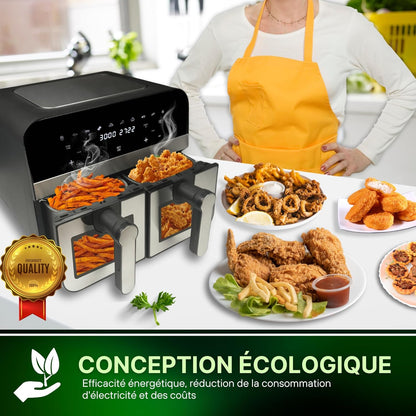 Comfy Nest, CNAFD45WS, 2400 W digitale heteluchtfriteuse met dubbele mand en 9 liter venster, gezond en snel koken, modern design, ideaal voor elke keuken, grijs