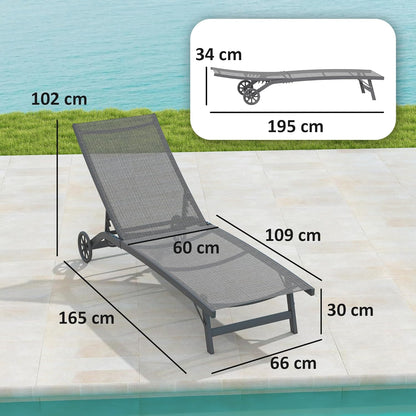 Outsunny Sonnenliege mit Rolle, Gartenliege Alu Liegestuhl mit 5-Fach verstellbare Rückenlehne, wetterfeste Campingliege, Gartenstuhl bis 150 kg load bar, für Garten Urlaub Strand Pool, Dunkelgrau - QUORE