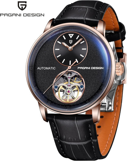 Pagani Design Mechanisch automatisch horloge voor heren, mechanisch visiewerk, behuizing 42 mm van staal 316L armband van PU-leer, waterdicht, 100 m (10 ATM), saffierglas