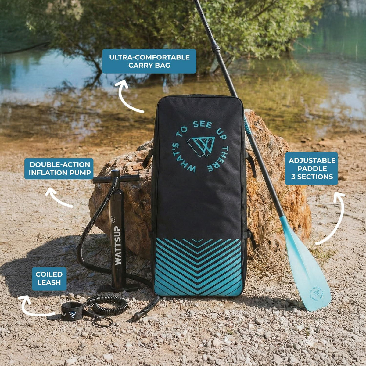 Wattsup - Sup Stand Up Paddle Opblaasbare F11 11' - 335x81x15cm Dropstitch - Compleet Pakket: Peddel Leash Pomp Draagtas - Tot 150kg -Blauw