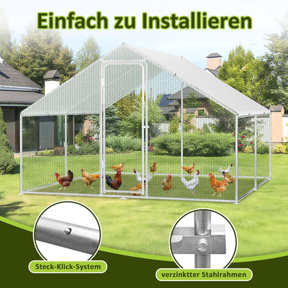 XXL Chickens with Safety Lock and Waterproof PE Tarpaulin, Plenty of Space for Chickens, Rabbits and Other Small Animals, Sturdy Steel Frame, 3 x 3 x 2 m, Red - QUORE