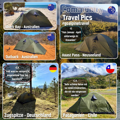 GOALPINE® ESKAPADE II Tent voor 2 grote personen, waterdicht, 4000 mm, kleine verpakkingsmaat, voor wandelen, bergtochten en bikepacking, ultralicht, 3 seizoenen, snelle opbouw