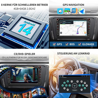 8 inch 4G + 64G Android 14 autoradio met navigatie voor VW T5 Golf 5 6 Polo Sharan Seat Passat Tiguän, dubbele DIN-radio, IPS-scherm, mediareceiver met CarPlay Android Auto Bluetooth PDC RDS-CD
