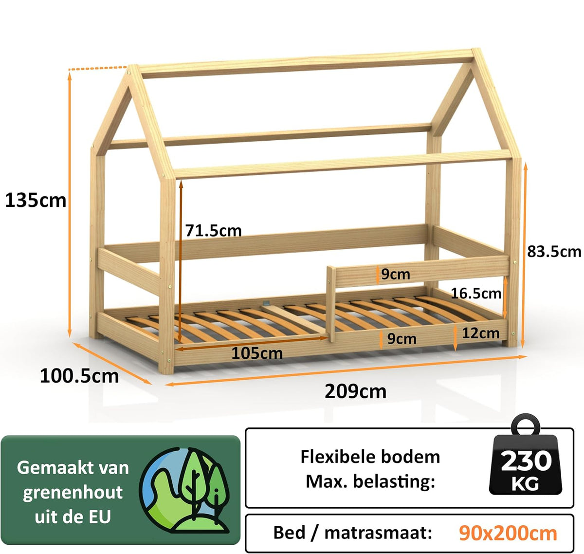 smartwood Solid Wood House Bed 90x200 - Children's Bed in Natural with Fall Protection & Slatted Base up to 230 kg - Scandinavian Design - for Boys & Girls - Easy Assembly - MILO - QUORE