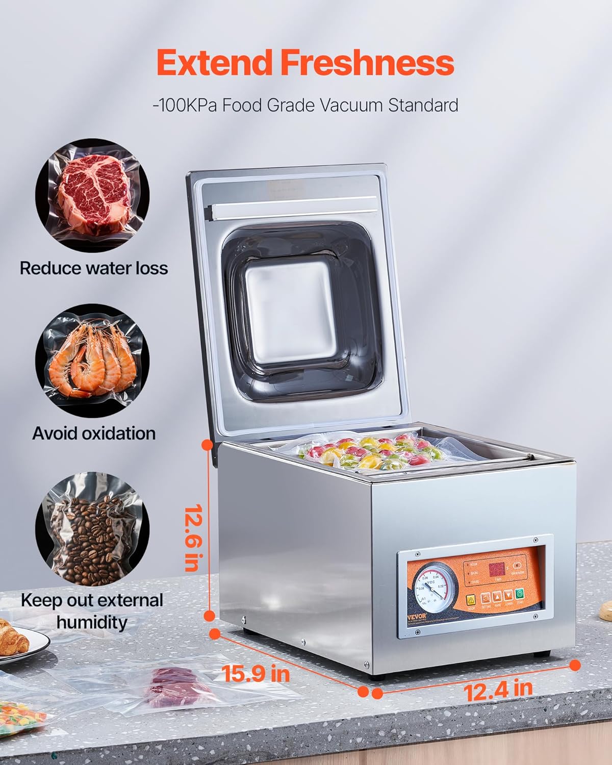 VEVOR 260 W kamer vacuüm verpakkingsmachine compact formaat 260 mm in de keuken thuis en voor commercieel gebruik voor nat voedsel, vlees, marinades