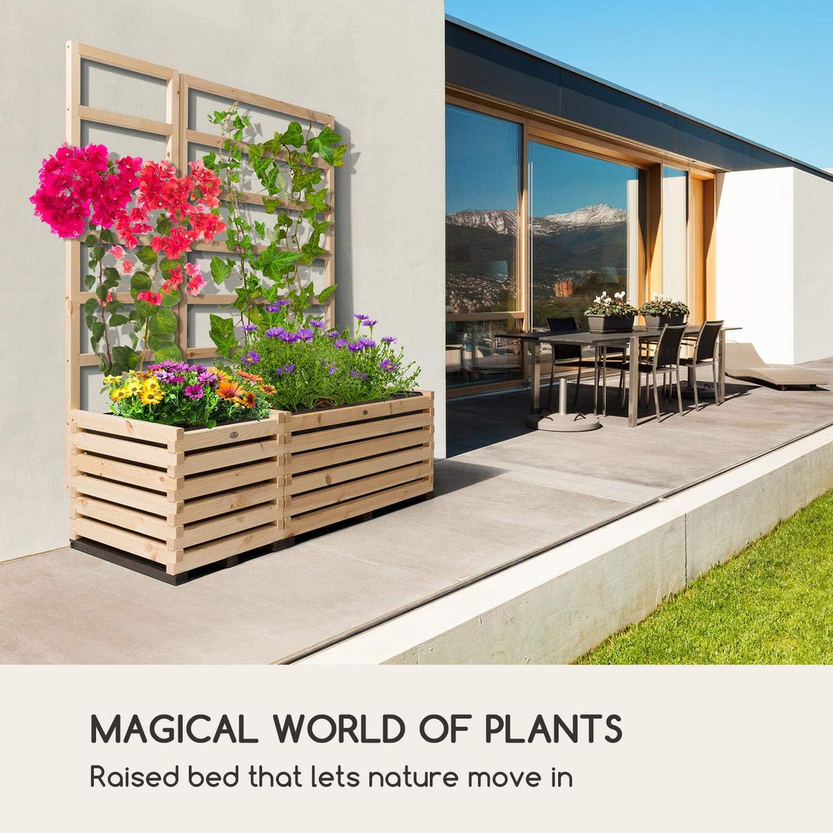 Blumfeldt Modu Grow - Raised Bed & Trellis Set Planter Flower Box with Trellis Climbing Aid Solid and Durable Pine Wood, 50 x 151 x 50 cm (WxHxD), Pine - QUORE