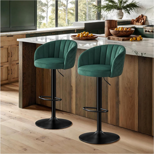 Bar Stool Height Adjustable Set of 2 Bar Stool Milk Velvet Fabric, Bar Chairs with Backrest and Armrest Bar Chair 360° Rotatable, Adjustable Bar Stools, Bar Chair Resilient 150kg-Green - QUORE