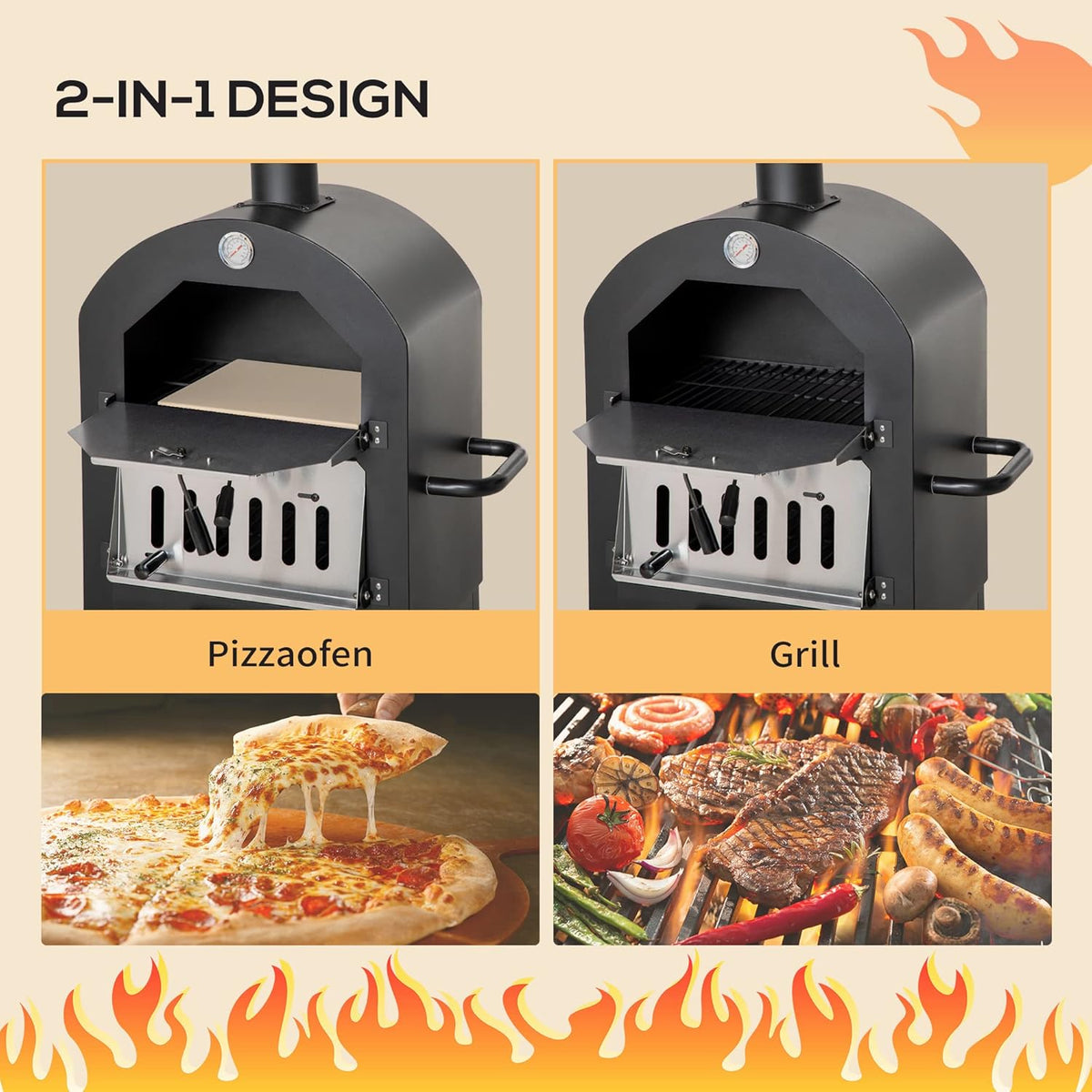 Outsunny 2-in-1 Outdoor Pizza Oven with Rolls Grill Oven with Protective Cover Pizza Shovel 2 Grill Nets Grill Trolley with Fireplace 63-Layer Wood Oven for BBQ Steel Black + Silver 54 x 161 x 161 cm - QUORE