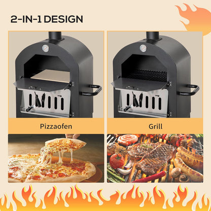 Outsunny 2-in-1 Outdoor Pizza Oven with Rolls Grill Oven with Protective Cover Pizza Shovel 2 Grill Nets Grill Trolley with Fireplace 63-Layer Wood Oven for BBQ Steel Black + Silver 54 x 161 x 161 cm - QUORE