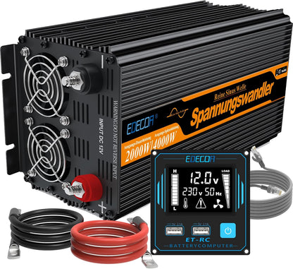 EDECOA 2000W/4000W 12V/230V zuivere sinusgolf omvormer, nominaal vermogen 2000 watt, 12 V DC tot 230 V AC zonne-omvormer met LCD-afstandsbediening, USB en Type-C interfaces beschikbaar, EU-standaard