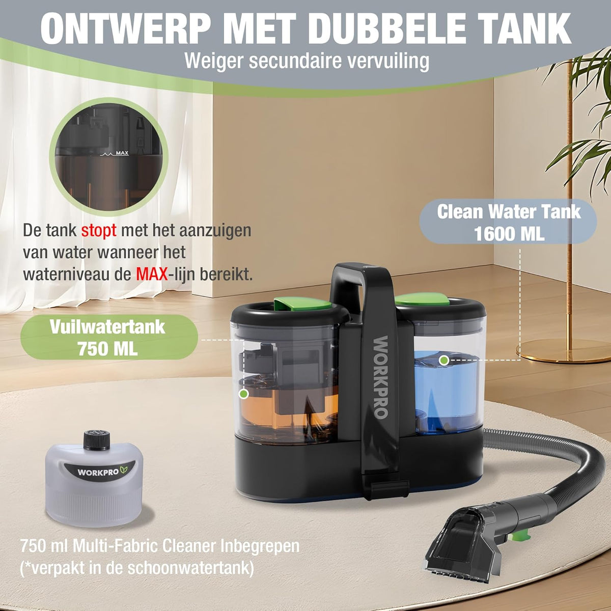 WORKPRO Tapijtreiniger 450W 13kPa, Waszuiger 1,6L met Reinigingsmiddel en 2 Borstelkoppen, Bekledingreiniger voor Tapijt, Bank, Auto