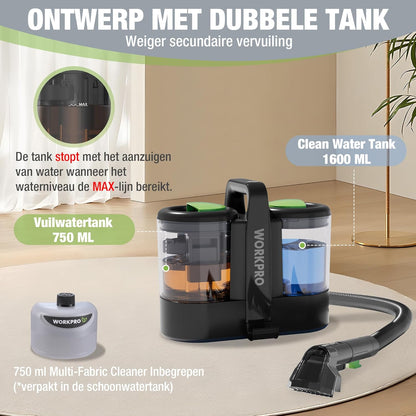 WORKPRO Tapijtreiniger 450W 13kPa, Waszuiger 1,6L met Reinigingsmiddel en 2 Borstelkoppen, Bekledingreiniger voor Tapijt, Bank, Auto