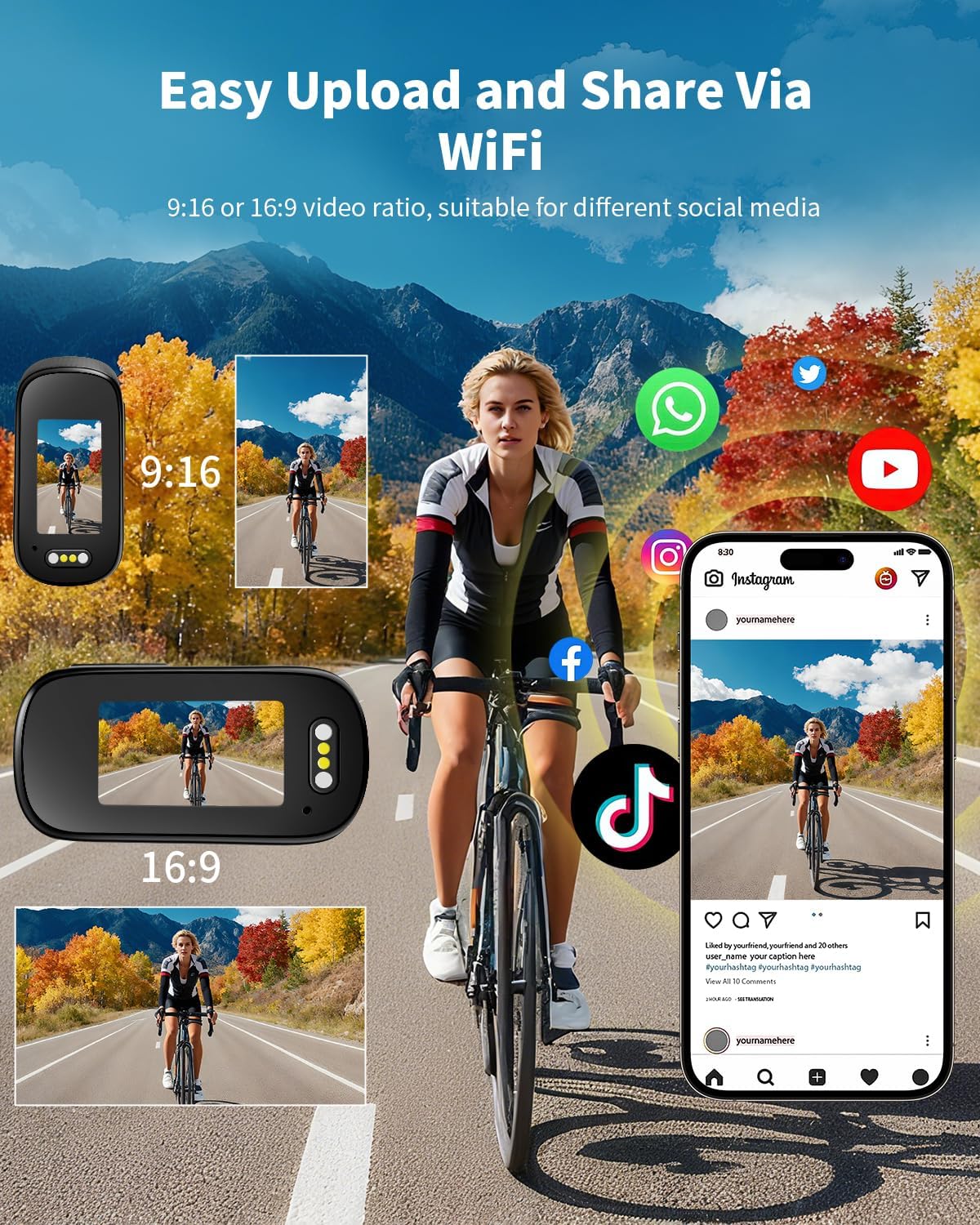 Action Cam 4K WiFi, lichaamscamera, mini bodycam, 64 GB, 150 graden kleine motor-/sportcamera, helmcamera met display, actiecamera's, vlog, videocamera met multifunctionele accessoires