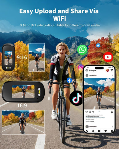 Action Cam 4K WiFi, lichaamscamera, mini bodycam, 64 GB, 150 graden kleine motor-/sportcamera, helmcamera met display, actiecamera's, vlog, videocamera met multifunctionele accessoires