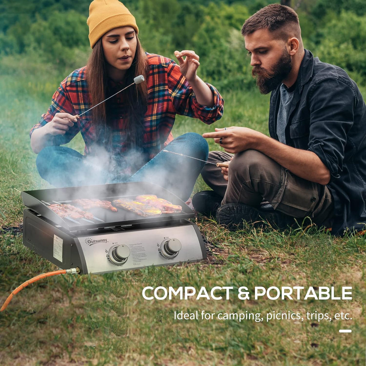 Outsunny Gas Plancha Grill with 2 Stainless Steel Burner, 6 KW, Portable Tabletop Gas Barbecue with Non-Stick Plate for Camping, Picnic Garden, Party Festival - QUORE