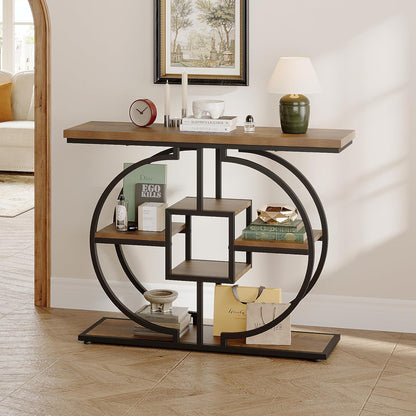 Trironsun Smalle consoletafel voor hal, 4 verdiepingen, rustieke salontafel met rond metalen frame, industriële entreetafel van hout met opbergvakken voor woonkamer en hal - QUORE