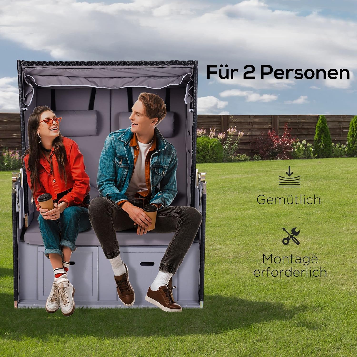 Outsunny Beach Chair Sun Lounger with Protective Cover for Cup Holders PE Rattan Grey 118 x 79 x 150 cm - QUORE