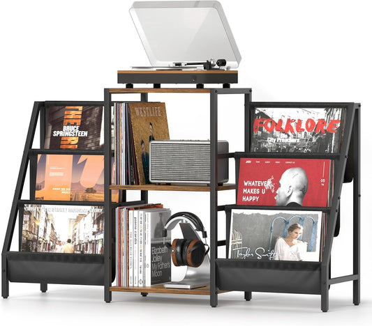 Bikoney Platenkast met Opbergruimte voor Platenspeler – Tafelkast voor Draaitafel met Display, Geschikt voor 280 LP's, Media Console met CD Rek voor Vinyl, Stereo & Draaitafel