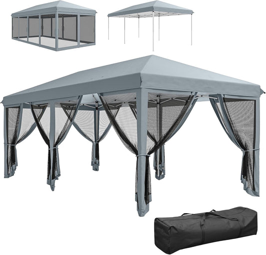 Partytent – Paviljoen – Tuinent – Feesttent – Overkapping – Waterdicht – 5,85x2,95 m – Afneembare Muggennetten – Grijs - QUORE