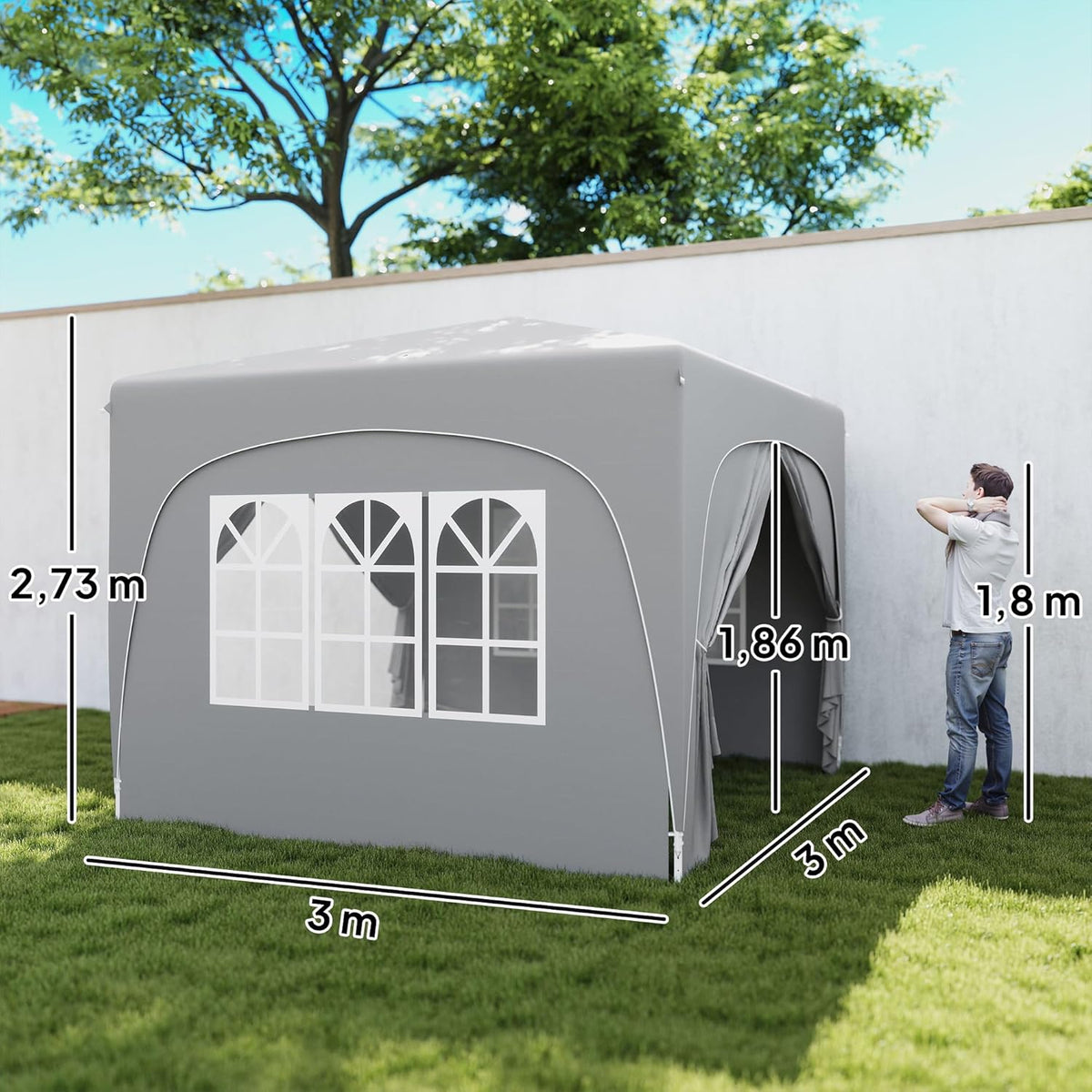 Outsunny Pavillon 3x3m, wasserabweisend Stabil Winterfest Pop-up Faltpavillon, UV Schutz 50+, Faltbar Partyzelt Gartenzelt mit 4 Seitenteilen Tasche Gartenpavillon für Camping Garten, Hellgrau - QUORE