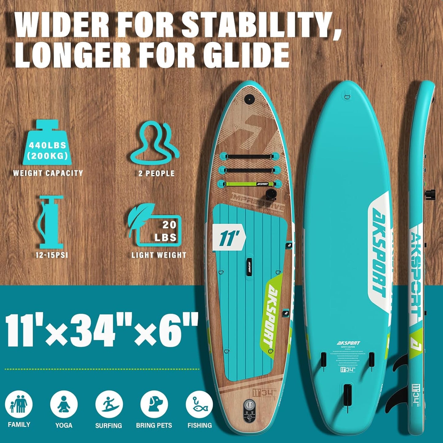 AKSPORT Opblaasbaar stand-up paddleboard, opblaasbaar SUP-board met alle accessoires, breed stabiel design, antislip deck, paddleboard voor jongeren en volwassenen