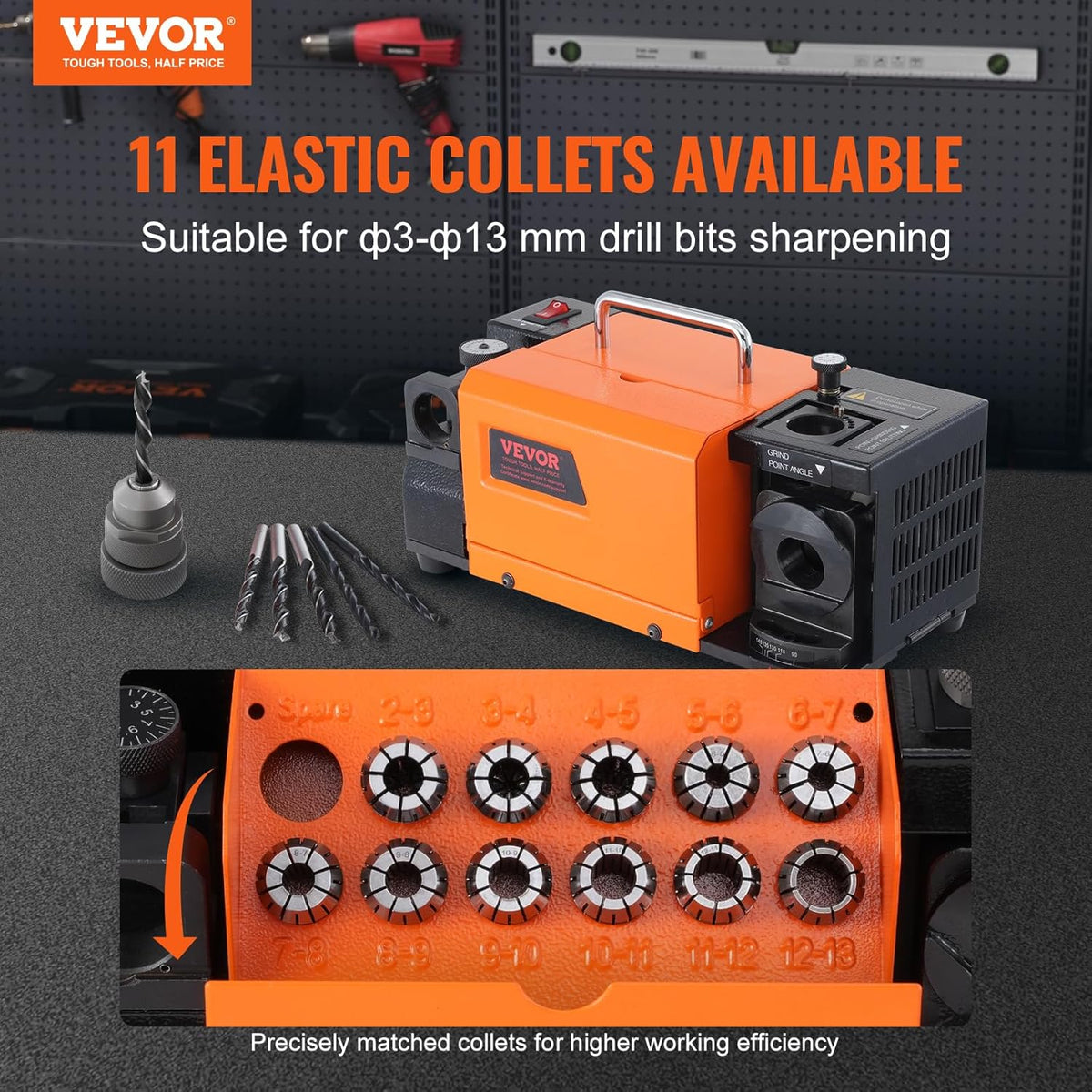 VEVOR Drill Sharpener, 3-13mm End Mill Grinder, Lip Relief Angle and 95°-135° Point Angle, Adjustable Drill, Portable Grinder with 11 Collets, CBN & SDC Wheel