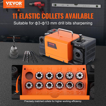 VEVOR Drill Sharpener, 3-13mm End Mill Grinder, Lip Relief Angle and 95°-135° Point Angle, Adjustable Drill, Portable Grinder with 11 Collets, CBN & SDC Wheel