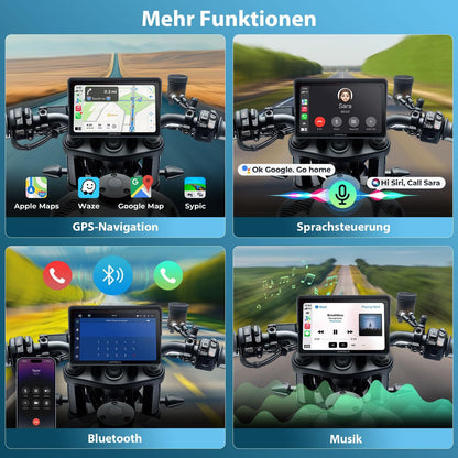 CarPlay draadloos scherm voor motorfiets, 7 inch waterdicht touchscreen, draagbaar CarPlay en Android Auto voor motorfiets, ondersteunt Bluetooth Trans, GPS-navigatie, Siri, handsfree - 722