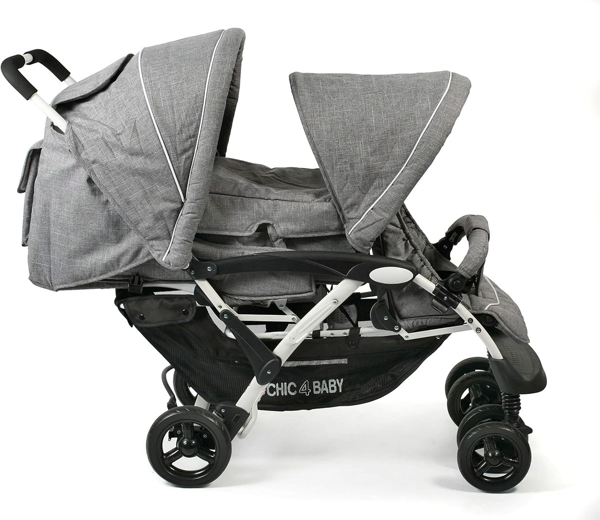 CHIC 4 BABY - Duo broers en zussen met draagtas en regenbescherming, broers en zussen kinderwagen voor twee kinderen, tweelingwagen, twinningsbuggy, tandembuggy, kinderwagen, jeans grijs